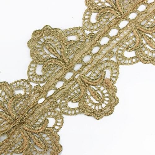 Vintage Gold Metallic Floral Trim Embroidered Applique Venise Lace Trims Crochet Cord Trimming Sewing Accessories ~ 1Y