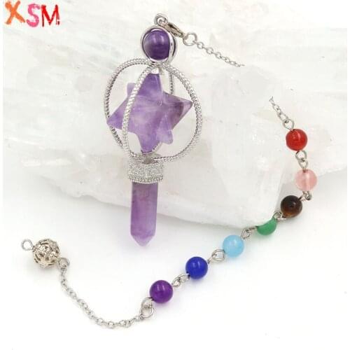 XSM Natural Amethysts Rotary Merkaba Pendants Hexagonal Column Reiki Healing 7 Chakra Chain Dowsing Divination Pendulum Pendant