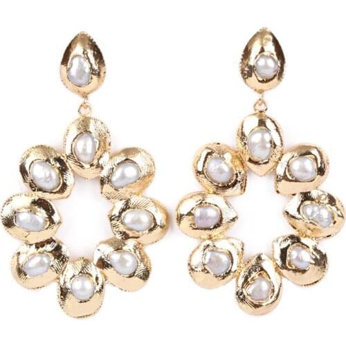 Hyperbole hollow tear water drop gold wrap rim natural freshwater pearl bead chandelier charm big dangle earring for women