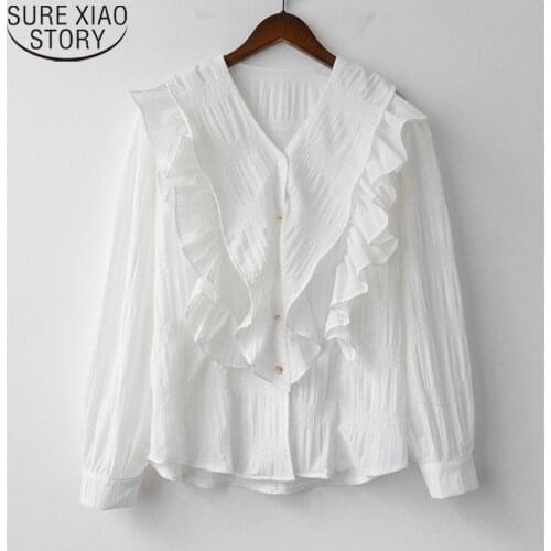 Ladies White Shirts Women Tops and Blouses Korean Fashion Chic Blouse Sweet V Collar Ruffle Clothes 2021 Spring Cardigan 13577