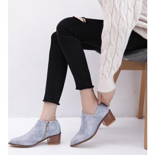 YMECHIC 2020 Autumn Block Chunky Heels Womens Boots Ankle Blue Brown Side Zipper Pointed Toe Women Shoes Plus Size Booties 34-43