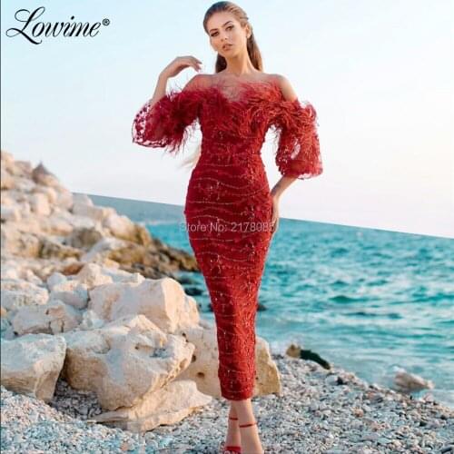 Ankle Length Feather Evening Dresses Red Dubai Design Illusion Shoulder Arabic Turkish Party Gowns 2020 Custom Robe De Soiree