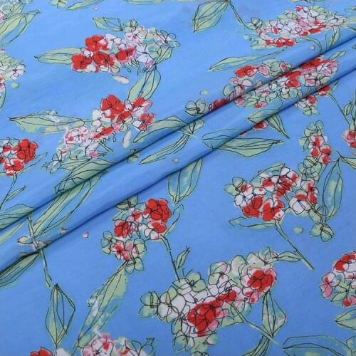 1 Meter Red Floral Print Light Blue Silk Cotton Blend Fabric