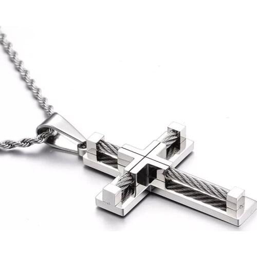 Mesinya Mens 2 pcs 361L Stainless Steel Wire Hip Hop Popular Punk Retro Cross Pendant Necklace 30 inch Chain as Great Gift