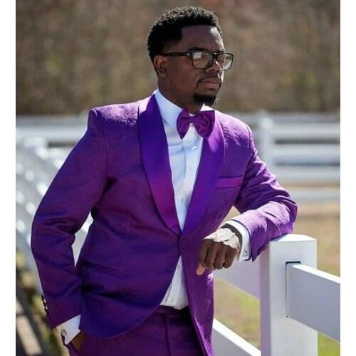 2021 Handsome Purple Paisley Shawl Lapel Men Suit Slim Fit One Button Groom Tuxedo Mens Wedding Suits Bridegroom Best Man Blazer