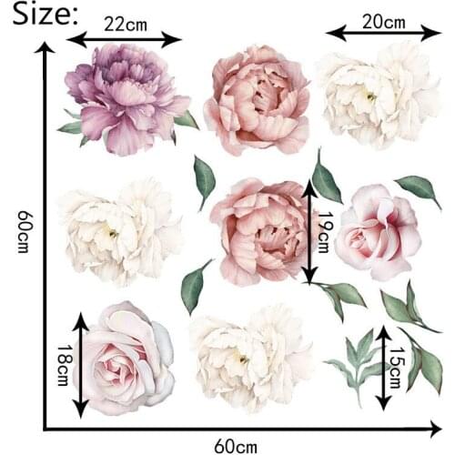 8 Large 15-22cm Peony Flowers Wall Sticker DIY Vintage Rose Stickers For Living Room Kids Room Princess Decals Mural Home Decor