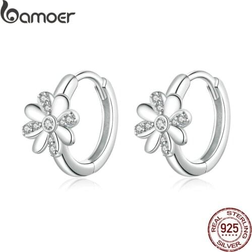 Bamoer Authentic 925 Sterling Silver Daisy Flower Hoop Earrings for Women Elegant Wedding Engagement Statement Jewelry BSE359
