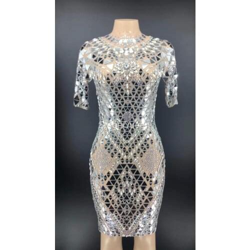 Sparkly SilverMirrors Mesh Sexy Dress Women Birthday Party Celebrate Rhinestones Dress Evening Sexy Dance Nightclub Outfit