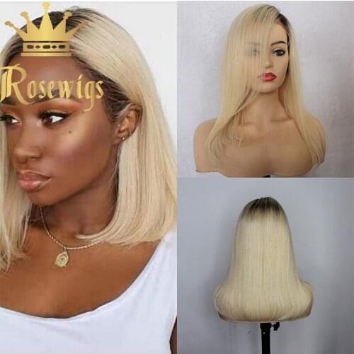 Blonde Bob Ombre 4x4 short lace front wig 150 Density Remy human hair with Two Tone #1B/613YELO Hair Products 1B/613# Short Bo