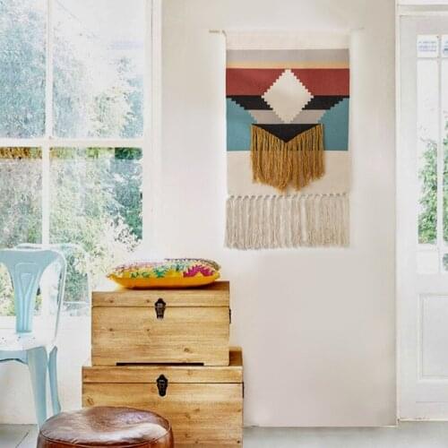 Bohemia Nordic Handmade Knotted Woven Tassel Printed Geometry Wall Tapestry Decor For Office Bedroom Home Decoration Tapestrys