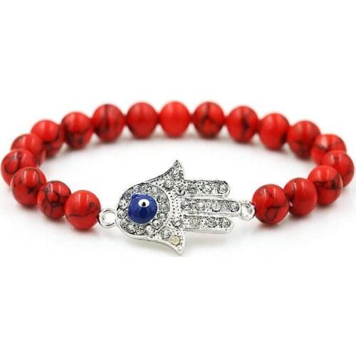 BPPCCR 8MM Red stone beaded bracelet Gold Silver Plated Zircon Fatima hand of hamsa Eye Evil women Reiki Chakra pulseira