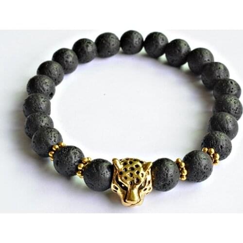 Bracelets Charms 8mm Natural Stone Bracelets Men GoldPlated Black Panther Head Black Gun Crown & Matt Onyx Charm Bracelet Women