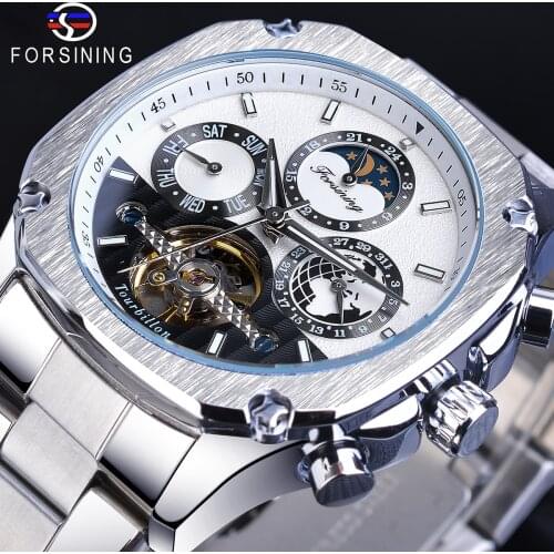 Forsining Square Men Mechanical Watches Tourbillon Moon Phase Calendar Automatic Business Dress Stainless Steel Belts Wristwatch