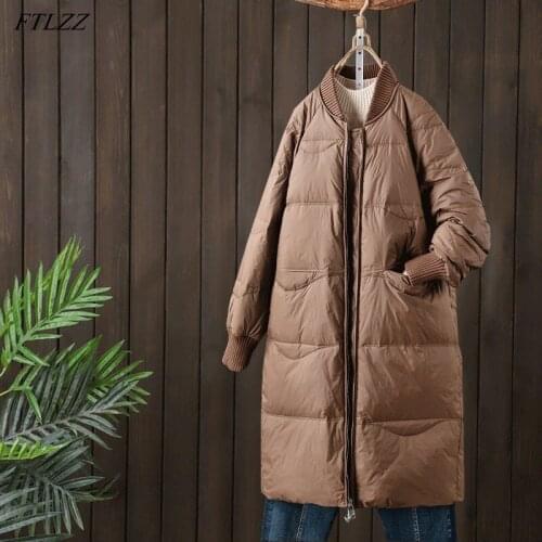 FTLZZ Winter New Baseball Collar Long Light Feather Jacket Women Casual Loose Windproof Sleeve Outwear Solid Color Fit Down Coat