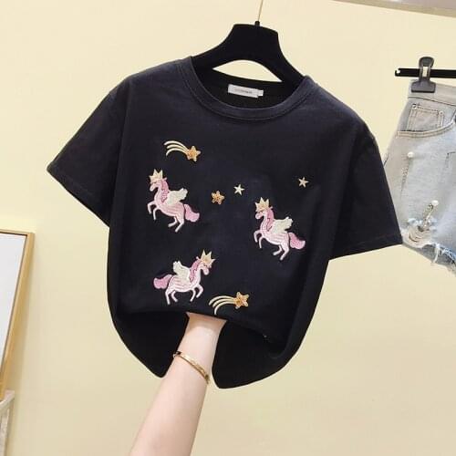 Korean summer O neck embroidery pony Short Sleeves T Shirt Top Female Tshirt Loose Women Fashion Graphic T-Shirt black t shirt
