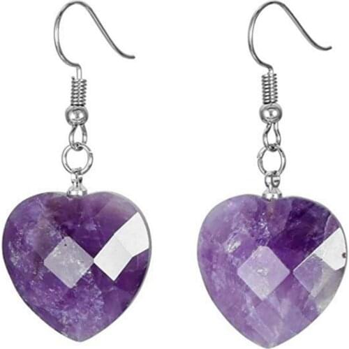 FYJS Unique Silver Plated Romantic Love Heart Natural Amethysts Dangle Earrings Stone Jewelry