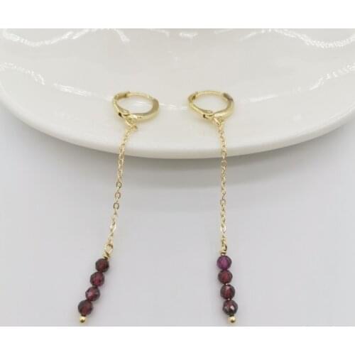 Dainty Garnet Earrings 14K Gold Filled Chains Delicate Faceted Gemstones Pendants Dangle Hoops Boho Elegant Women Earrings Gift