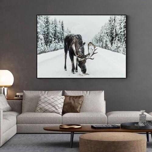 Snowy Deer on Snow Day Wall Art Canvas Painting Nordic Posters And Prints Wall Pictures For Living Room Home Decor Unstretched