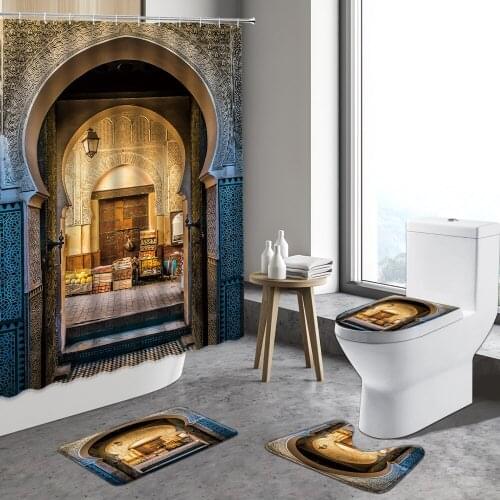 Morocco Building Shower Curtain Retro Old Wooden Door Curtains Decor Bathroom Non-slip Carpet Toilet Lid Cover Indoor Bath Mats