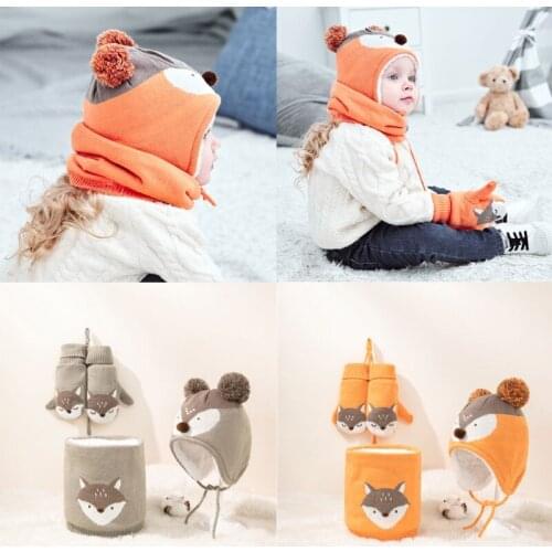 Fashion Children Cartoon Knitted Beanie Hats Gloves Suits Kids Winter Outdoor Warm Newborn Baby Clothes Accessories