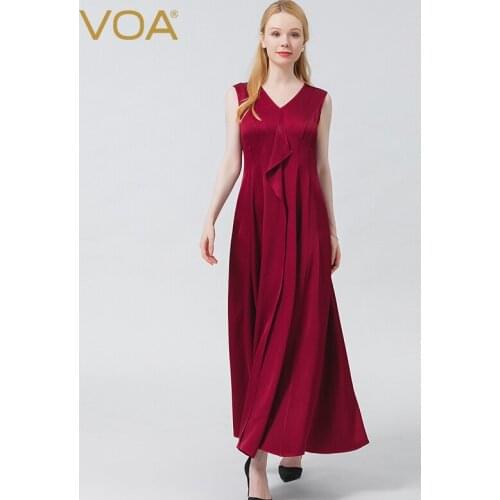 VOA Fashion Ruffle V-neck Prom Woman Dress Party Summer 2021 Red Beaded Hollow Back Elegant Sleeveless Maxi Dresses Women AE1027