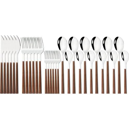 6Pcs/Set Wooden Handle Dinnerware Stainless Steel Cutlery Set Knife Fork Dessert Spoon Flatware Set Kitchen Silverware Tableware