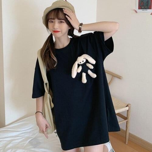 2021 Autumn New Harajuku Women Solid Short-sleeved O-Neck T-shirts Casual Loose Rabbit Toys In Pocket Tees Shirt Kawaii Top