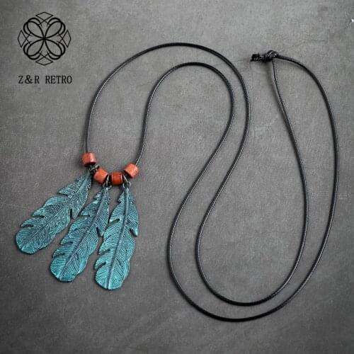 Women Red Beads Necklaces Fashion Feather Pattern Design Women Necklaces Female Fashion Long Neck Pendant for Women Rope Jewelry
