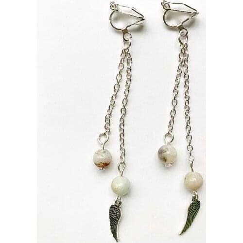 Silver-color Clip-on Earrings for Girls Beads Angel Wing Charms Pendant Long Tassel Dangle Earing Clips Without Piercing