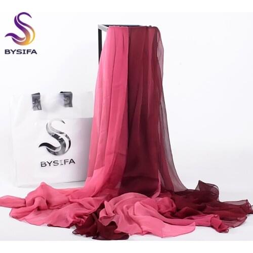 [BYSIFA] Wine Red Patchwork Long Scarves Wraps Summer Ladies Gradient Beach Cover-ups Shawl Plus Size Women Silk Scarf 190*160cm
