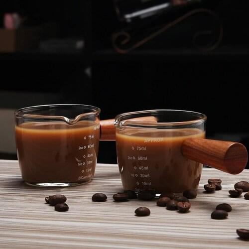 75ml Glass Measuring Cup Espresso Coffee Small Milk Cup Heat Resistant Wooden Handle Glass Scale Cup Coffee Tumbler Kitchen Tool