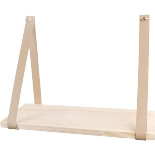 Wall Wood Floating Frame Storage Holder Support Hanging Shelf Leather Strap Swing Organizer Home Decor