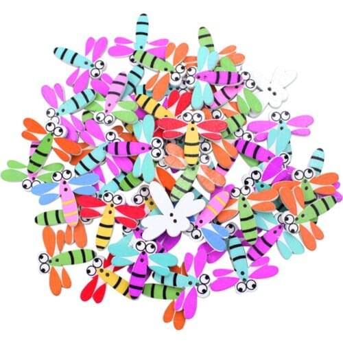 Pack of 100PCS Dragonfly Buttons Colorful of Various Plain Round DIY 2 Holes Wooden Buttons for Sewing and Crafting 7NK149