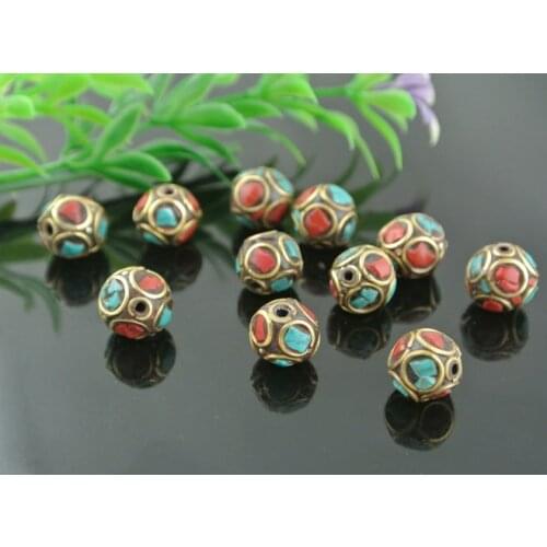 10mm Round Bead Shaop Nepal Beads Howlite and Red Coral Inlay Copper Beads 10pc/lot