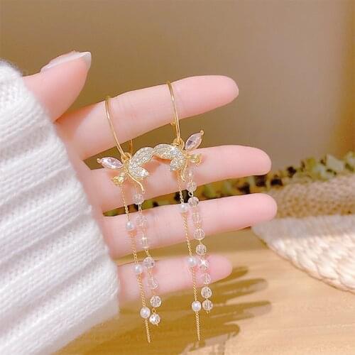 2021 New Trend Gold Butterfly Leaves Crystal Pearl Tassel Hoop Earrings Women Jewelry Korean Super Fairy Fashion Earrings Beach