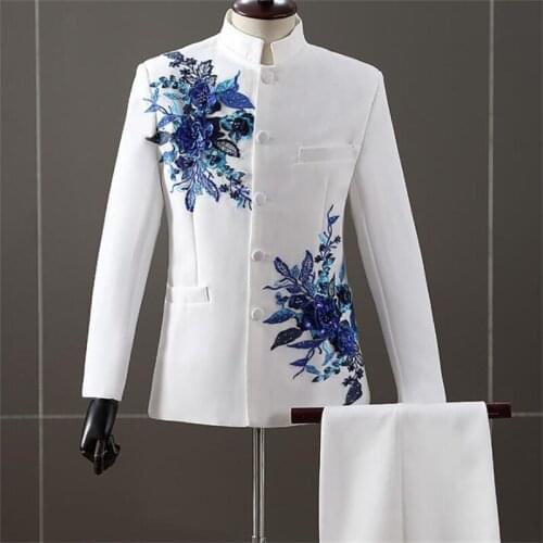 White Chinese tunic suits mens blazers diamond flower sequins stage performance clothing white stand collar student host chorus