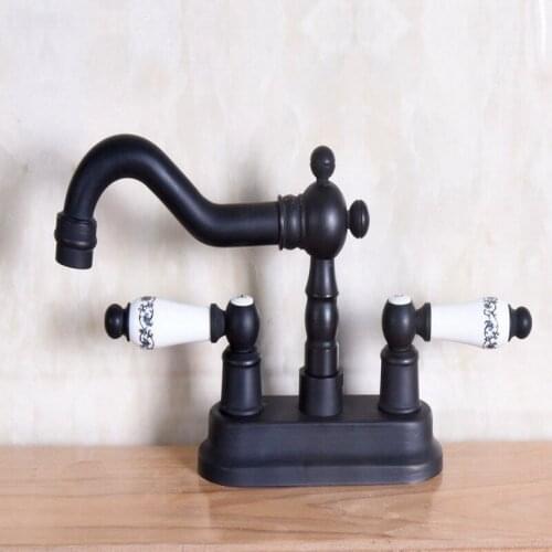 Black Oil Rubbed Bronze 4" Centerset Bathroom Two Holes Basin Faucet Sink Mixer Tap Swivel Spout Double Ceramic Levers mnf158