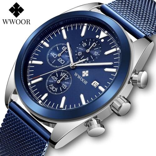 WWOOR 2021 New Sports Business Watches Mens Luxury Blue Steel Mesh Quartz Wristwatch Waterproof Fashion Chronograph Reloj Hombre