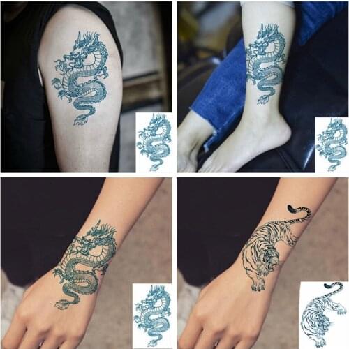 Flower Arm Chinese Green Dragon Tiger Temporary Tattoo Stickers Men and Women Waterproof Fake Tattoo Calf Chest Tattoo Stickers