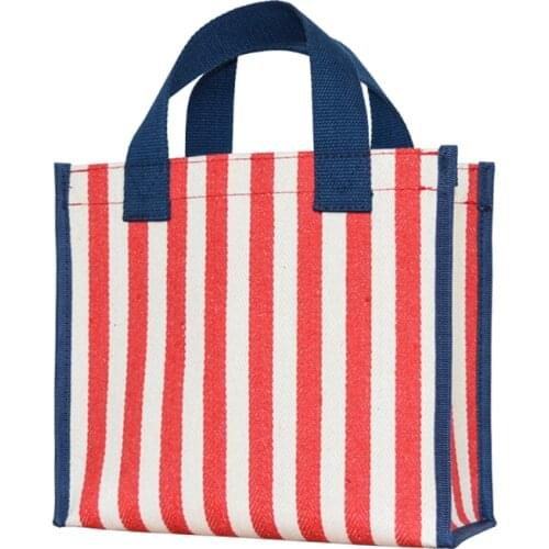Womens Eco Korean Mini Lunch Bag Canvas Shopping Bento Tote Kids Striped Food Pack Picnic Meal Prep Bag