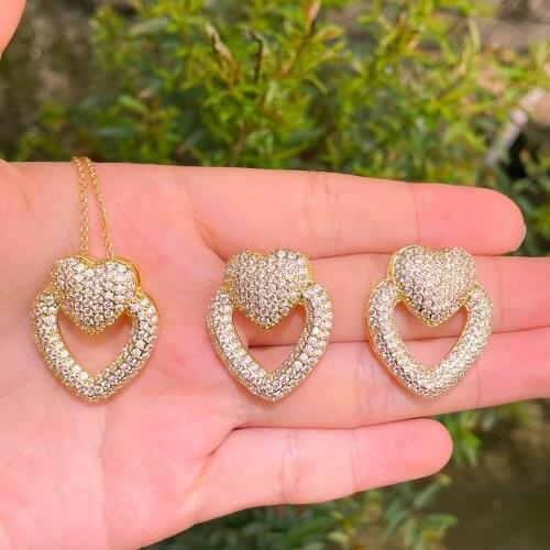 Double Heart Shape Micro Pave Top Quality Cubic Zirconia Red Necklace Earring Women Party Engagement Jewelry Sets Lover Gift