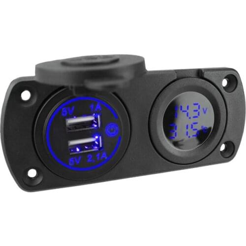 DIY 12V 3.1A Dual USB Ports with Touch Switch Waterproof with Voltmeter and Thermometer for Car Marine Vehicle Motorcycle ATV