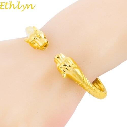 Ethlyn Gold Color Jackal-Headed / Guin Unisex Bracelet Open Embossing Gold Bracelets & Bangles Fashion Punk Bangles B058