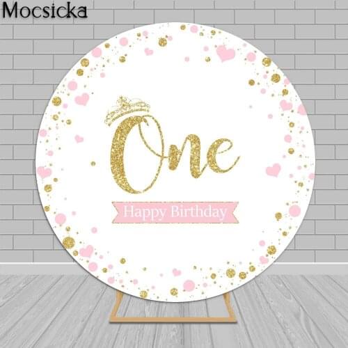 Round Backdrop Crown Decor Girl 1st Birthday Background Glittering Gold Dots Birthday Party Photo Studio Photography Backdrops