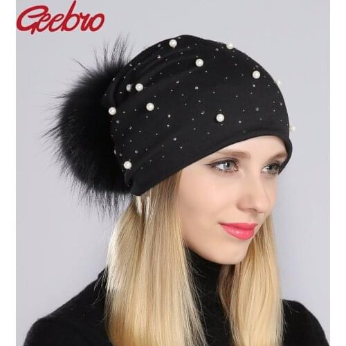 Geebro Brand Womens Pom Pom Pearl Beanie Hat Spring Casual Polyester Shine Rhinestones Beanies For Women Skull Hats Bonnet Cap