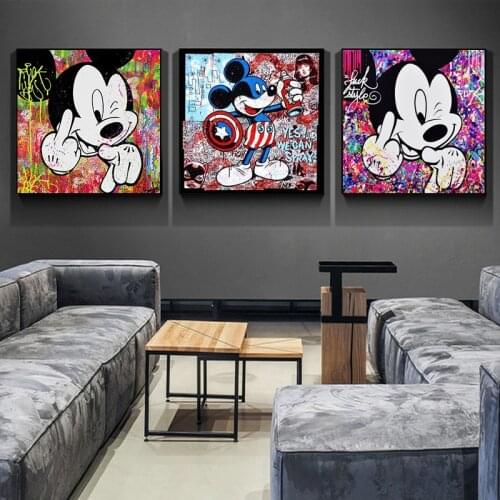Disney Graffiti Art Mickey Mouse Canvas Painting Street Art Poster and Cuadros Print Wall Art Pictures for Living Room Decor