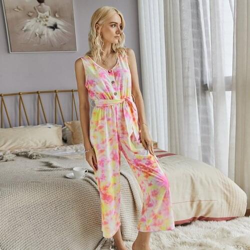 Sexy Sleeveless Bodycon Loose Jumpsuits Rompers Female Summer Gradient Dye Tie Printed Wide Leg Overalls Pant Casual Playsuits