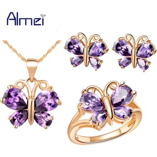 Almei Rose Gold Color Jewelry Sets Butterfly Cute Crystal Earrings Set Bridal Zircon Joyas Wedding Women 2017 Bijoux Femme T234