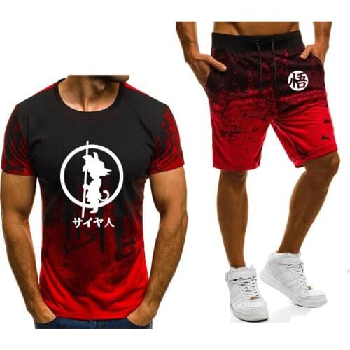 Summer Mens short sleeve Anime Z Goku Casual Print Gradient High Quality Mens T-Shirt Pants Suit 2Pcs G