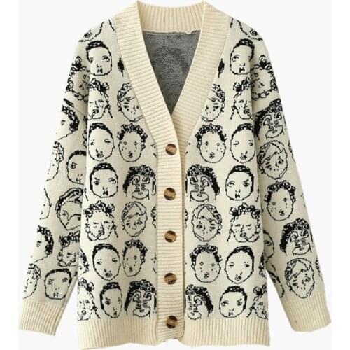 Autumn Winter New Comic V neck Cardigan Female Jacket 2020 Knitwear Sweater Coat Casual Knit Jacket Sweater For Women